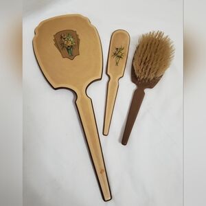 Vintage 1930's Dupont Tan Floral Lucite Ladies Mirror Brush Shoe Horn Vanity Set